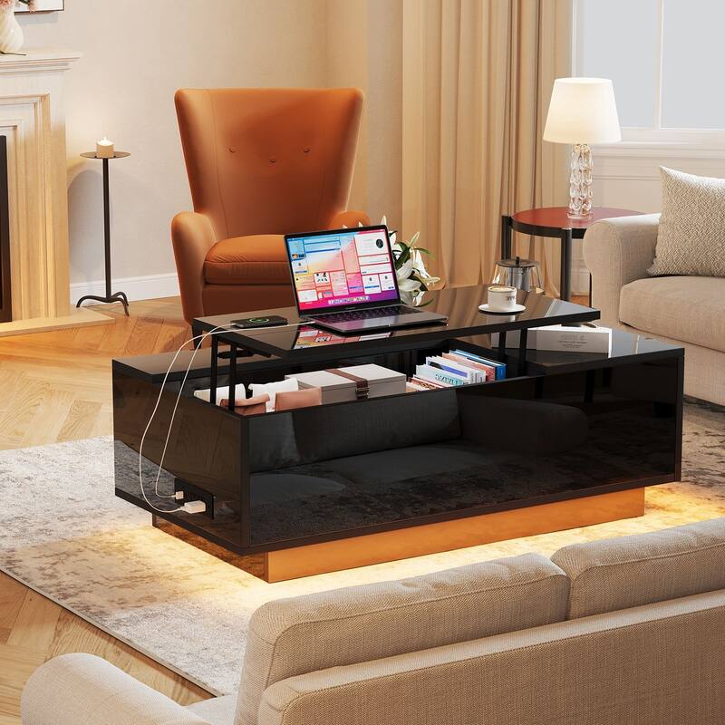 Meyreso 47" Modern LED Coffee Table with Lift Top, All Black Coffee Table with Storage High Gloss Surface