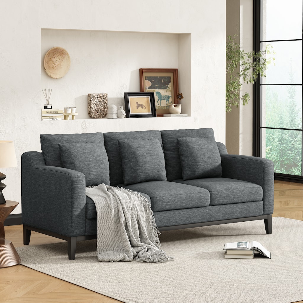 Accent Sofa 3-Seater Sofa Couch with Wood Legs, Modern Settee Couch Charcoal Upholstered Sofa for Living Room