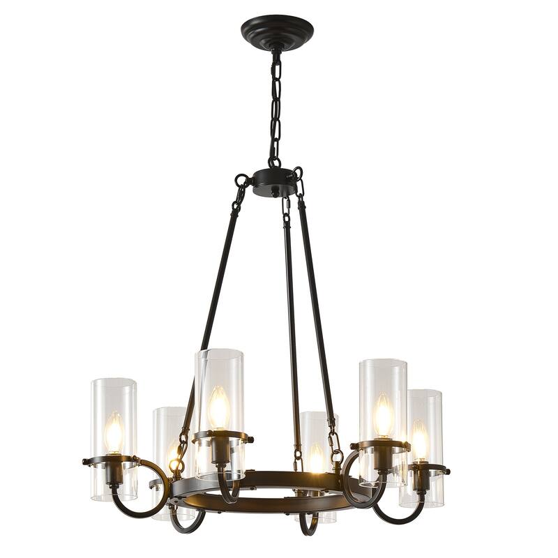 Farmhouse 6 - Light Wagon Wheel Chandelier, 24.8" D, Black Metal Frame with Clear Glass Shades - Matte Black