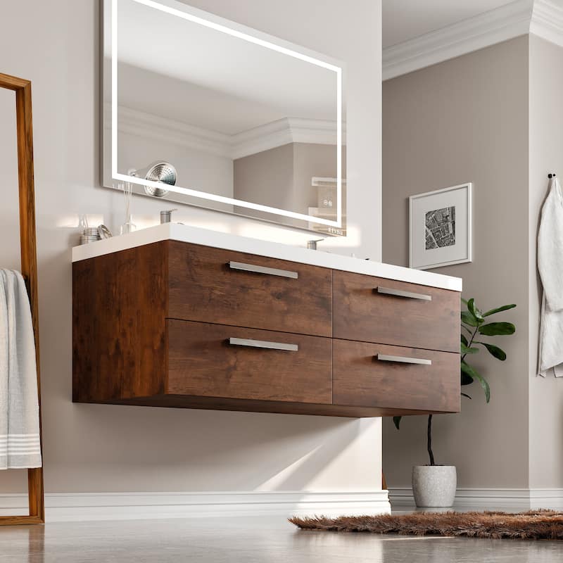 Surf 57 in. Rosewood Wall Mount DS Bath Vanity with Acrylic Top