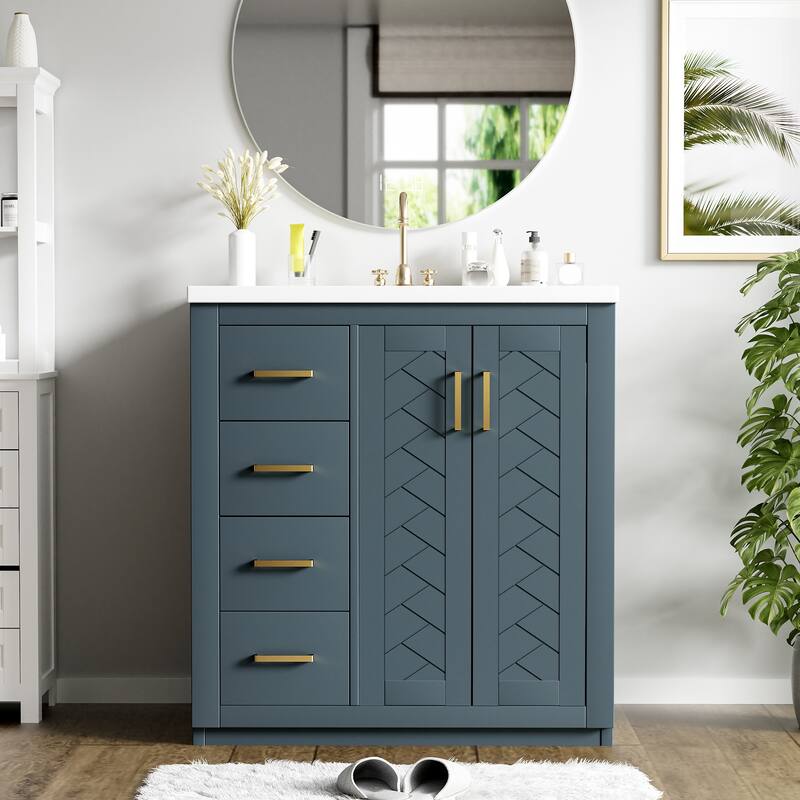 GDFStudio - Montvale Modern Freestanding Bathroom Vanity with Ceramic Sink and 3 Storage Drawers & Soft Closing Doors - 30'W - Blue