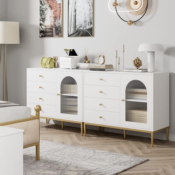 Dresser for Bedroom, Modern Dresser Wood Dresser with Waveform Glass Door and Gold Metal Legs, Dresser Storage Chest of Drawers - Bed Bath & Beyond - 38233818 Dresser for Bedroom, Modern Dresser Wood Dresser with Waveform Glass Door and Gold Metal Legs, Dresser Storage Chest of Drawers - Bed Bath & Beyond - 38233818