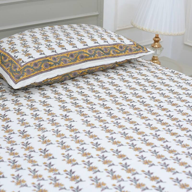 Fabdivine Handmade Block Print Flat Sheet or Bed Sheet Cotton Fabric Floral Home Decor - Deepika- Yellow, Grey, Wine - Full