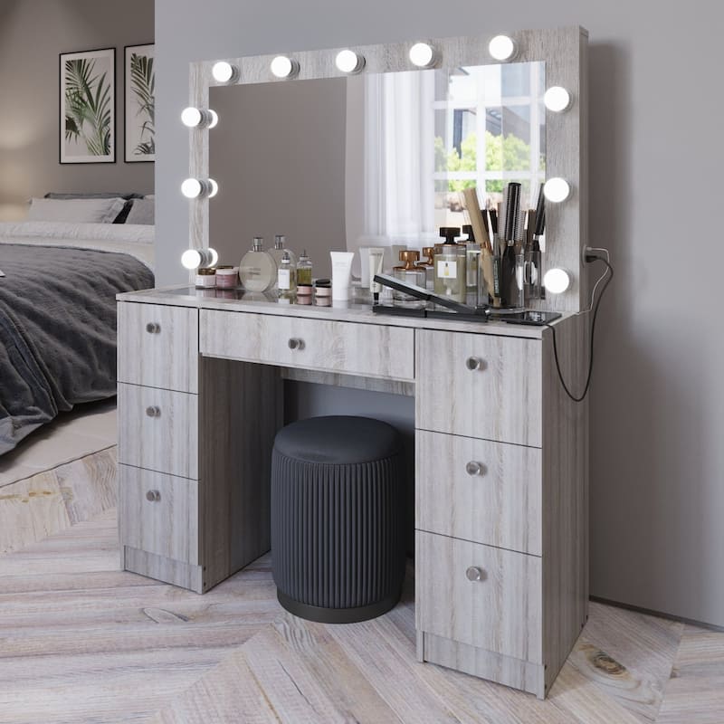 Boahaus Vanity Desk Glass Top with 7 Drawers & Lights Crystal knobs