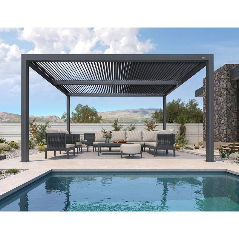 PURPLE LEAF Gray Louvered Pergola Outdoor Aluminum Pergola with Adjustable Roof for Patio Grey Hardtop Gazebo - 11' x 14' - Grey
