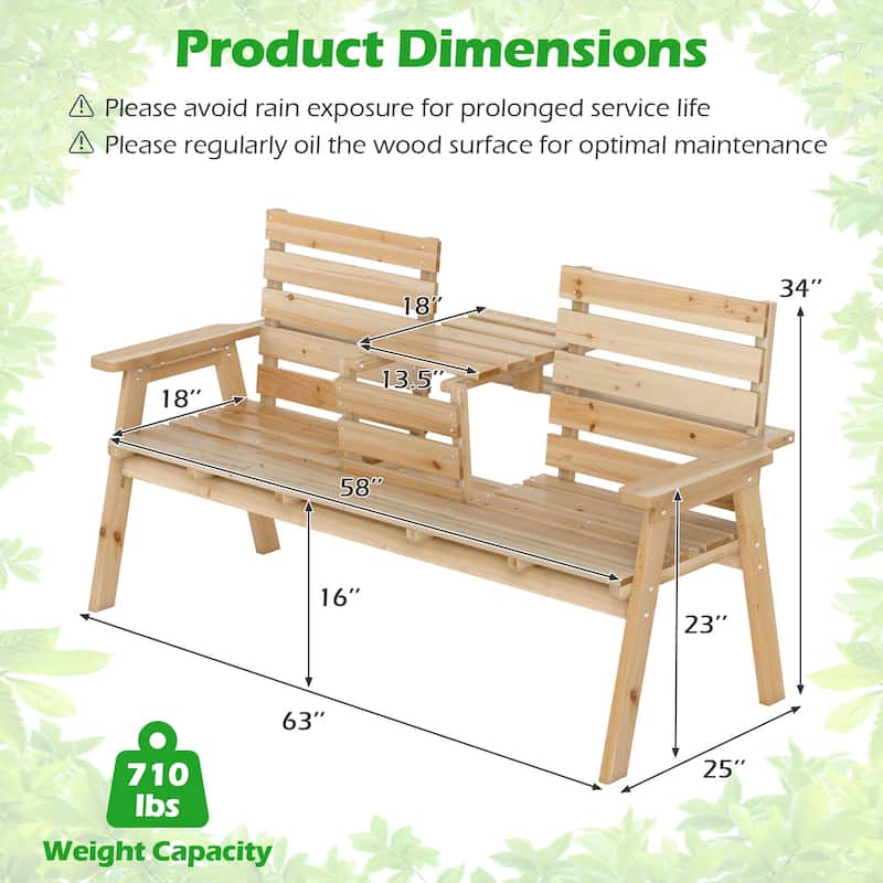 63" Natural Outdoor Fir Wooden Bench for 2-3 People with Foldable Middle Table for Garden Seating - 63" x 25" x 34" (L x W x H)