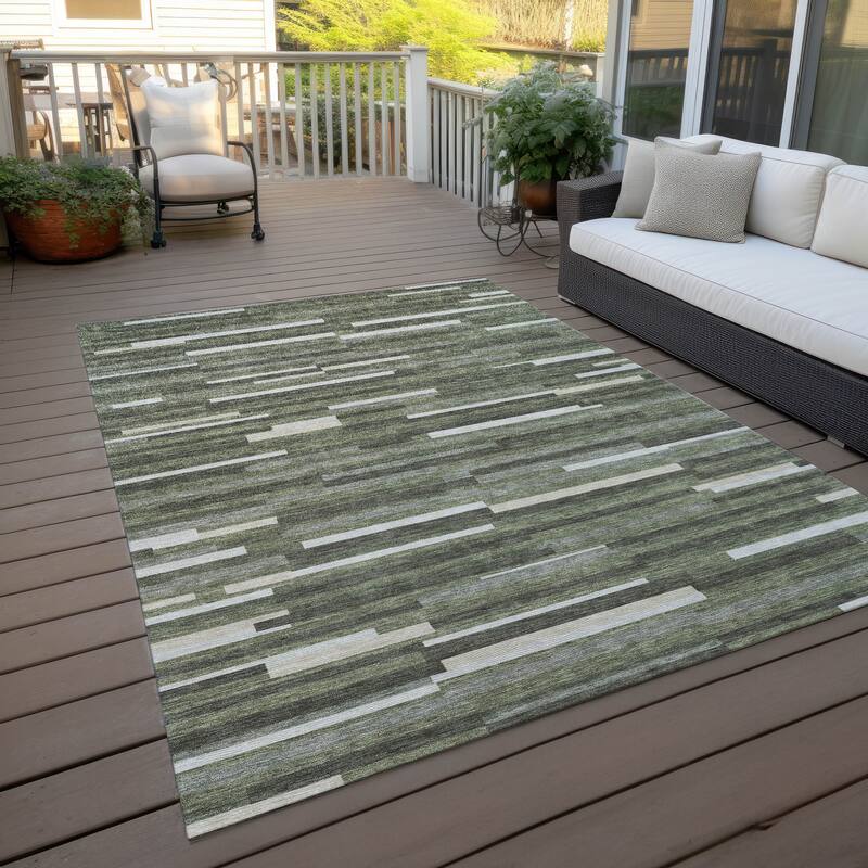 Machine Washable Indoor/ Outdoor Chantille Modern Stripes Rug - Olive - 8' x 10'