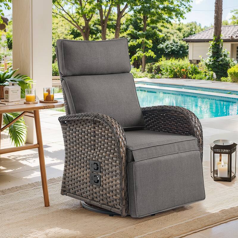 Pocassy Lounge Chair Swivel Reclining Chair with Adjustable Backrest - Gray Cushion - Browm Wicker - 1-Piece Recliner Swivel Chair
