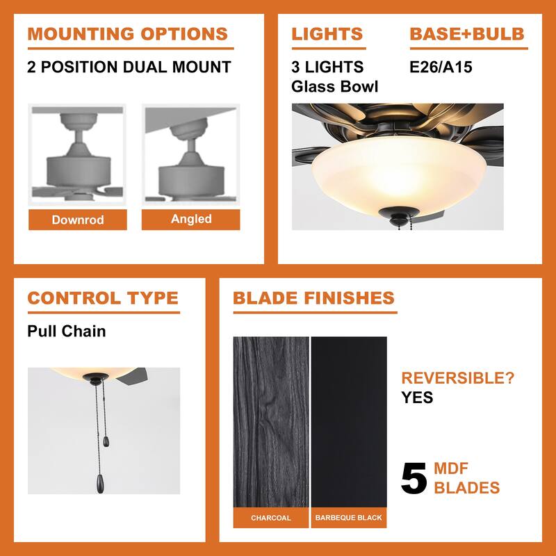 52" Black Dual Mounting Ceiling Fan with LED Light and Pull Chain