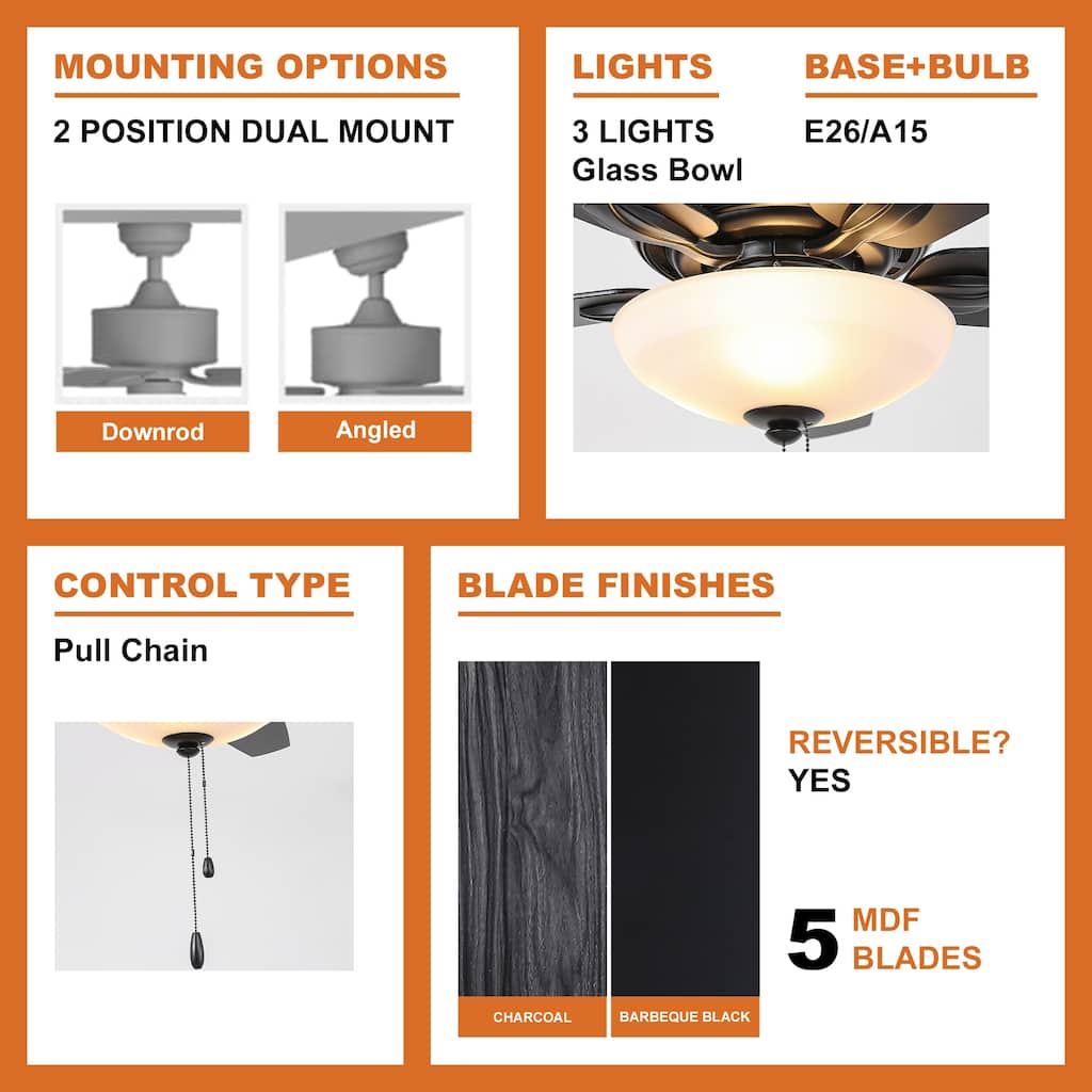 52" Black Dual Mounting Ceiling Fan with LED Light and Pull Chain