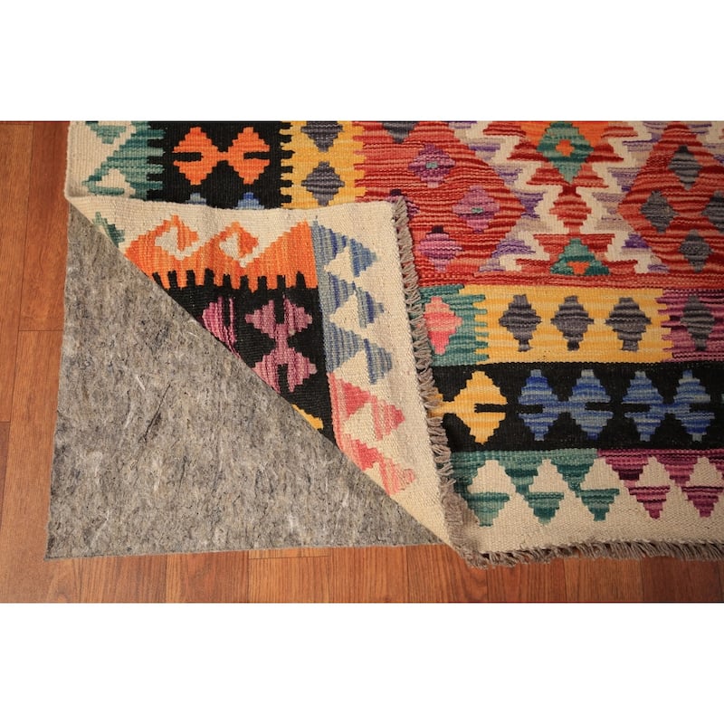 Orange Geometric Kilim Oriental Area Rug Flatweave Wool Carpet - 8'3" x 11'8"