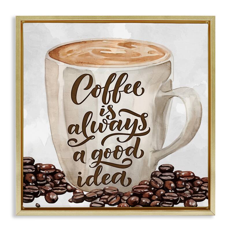 Stupell Coffee Phrase Classic Mug Framed Floater Canvas Wall Art Design By Kim Allen - 25 x 25 - Gold