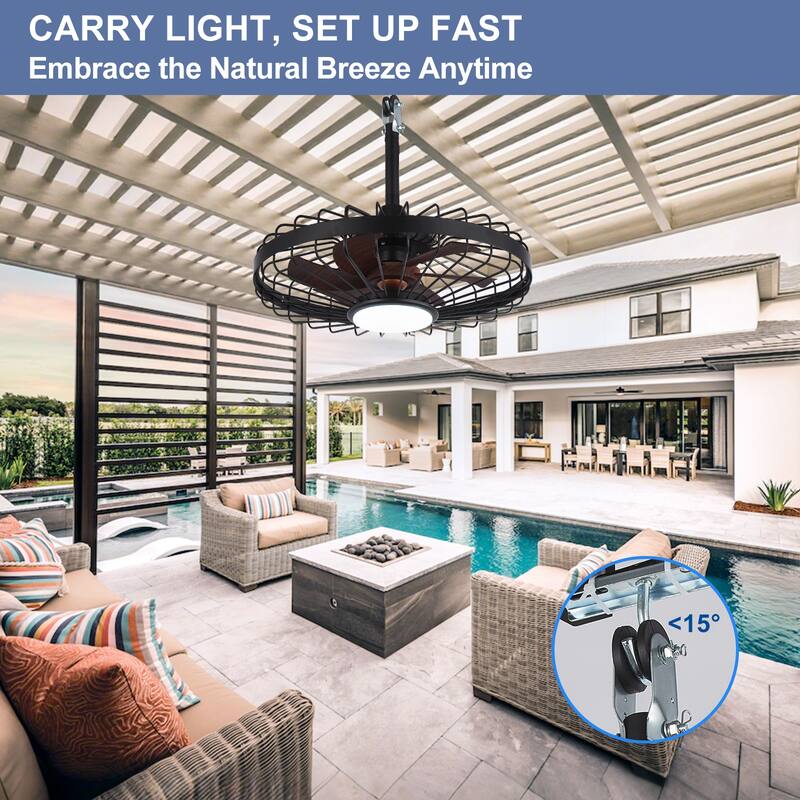 Outdoor Ceiling Fan with Light: 20 Inch Waterproof Gazebo Hanging - Plug in Remote App Control Caged Fans - 6 Speed Black