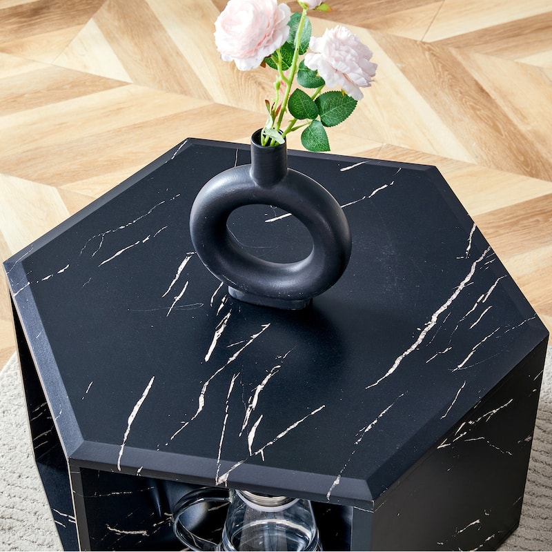 Hexagonal MDF coffee table, characteristic pattern stickers, multi-hole design to give more storage space