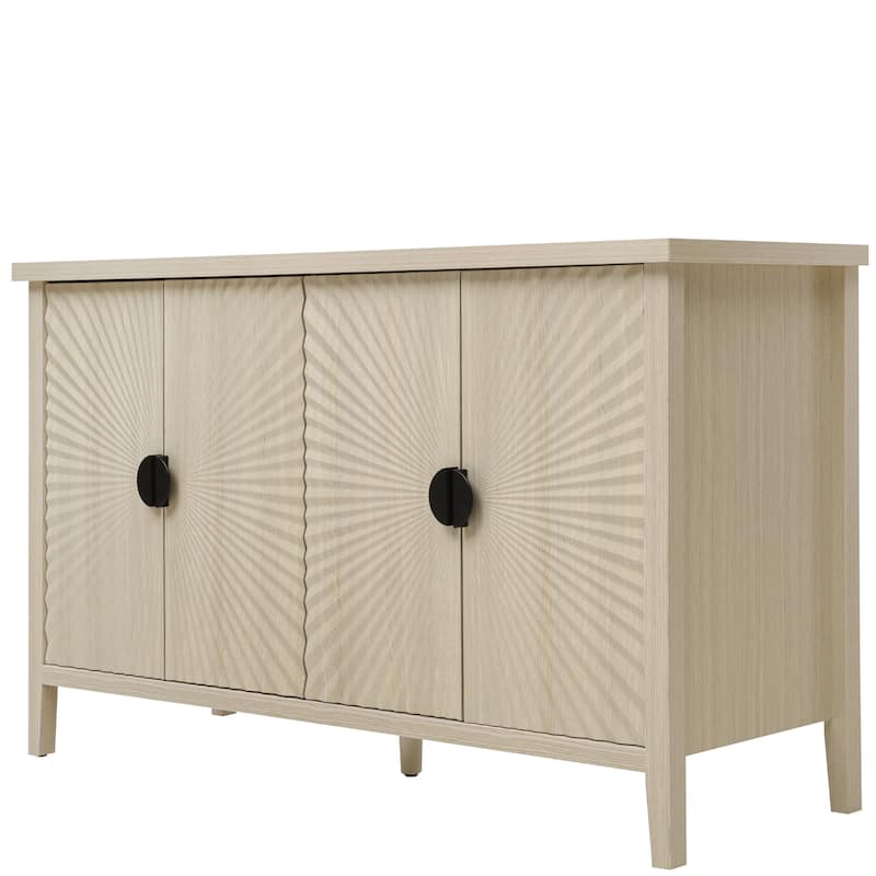 Roomfitters Modern 4 Door Sideboard, Buffet Cabinet with Carved Storage, Coffee Bar Cabinet with Adjustable Shelf, Natural