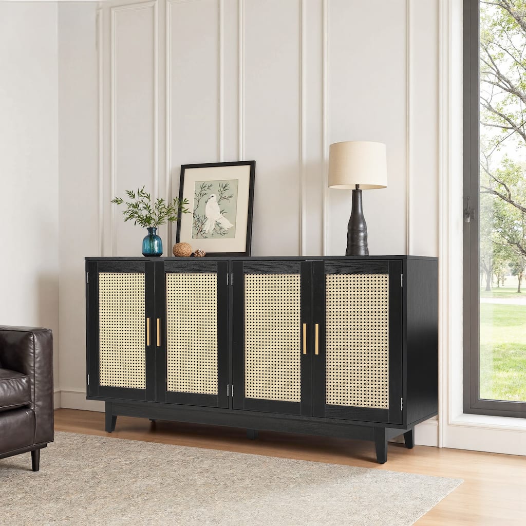 Wood TV Stand for up to 60" TVs with Four Rottan Doors