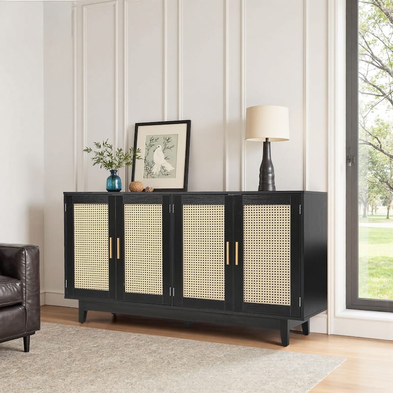 Wood TV Stand for up to 60" TVs with Four Rottan Doors