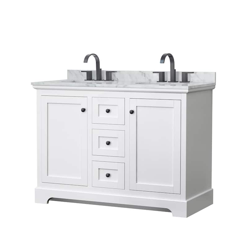 Wyndham Collection Avery 48" Free Standing Double Basin Vanity Set - White / White Carrara Marble Top / Matte Black - Painted