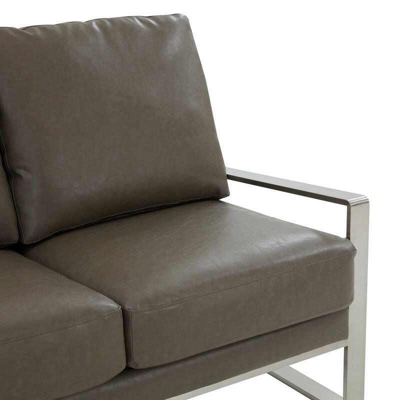 Jefferson Modern Leather Loveseat with Brushed Silver Stainless Steel Base, Removable Cushions, Sinuous Springs, Fully Assembled