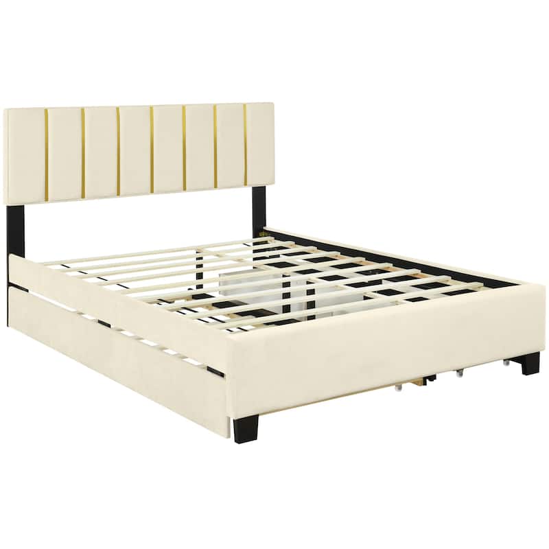 HomeRoots Beige Tufted Velvet Upholstered Queen Bed Frame With Trundle And Drawers