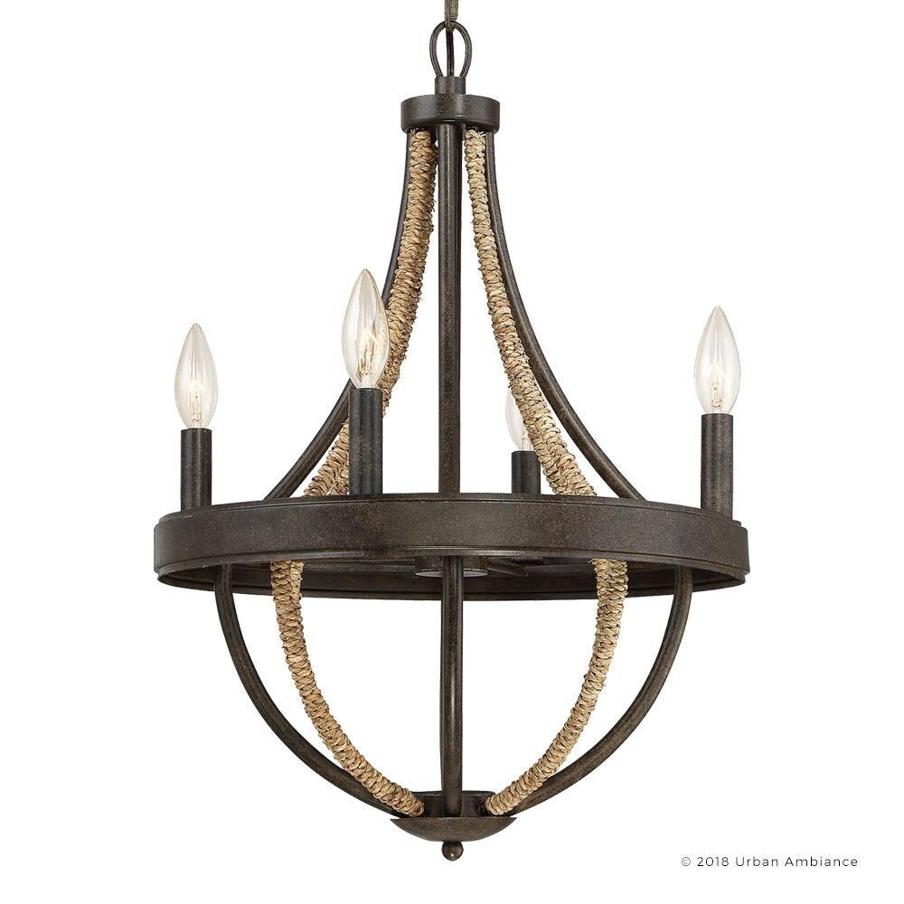 Luxury Farmhouse Chandelier, 23"H x 16"W, with Braided Rope Style, Rope and Black Silk Finish by Urban Ambiance (60 to 100 Watts - Steel - N/A - 4 to - Chandeliers For Bedrooms by Overstock.com