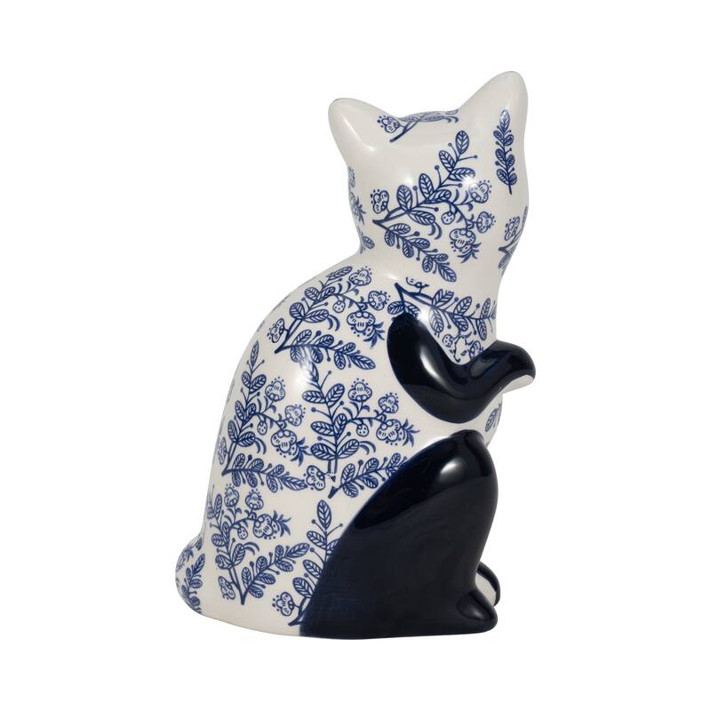 Ceramic Cat Sculpture Contemporary Vintage Style Chinoiserie Blue and White Floral Cat Statue Cat Lover