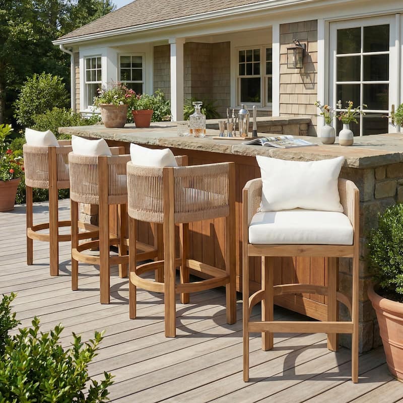 Christopher Knight Home - Martinez Outdoor Acacia Wood Barstools (Set of 2) - Teak+ Beige - Set of 4