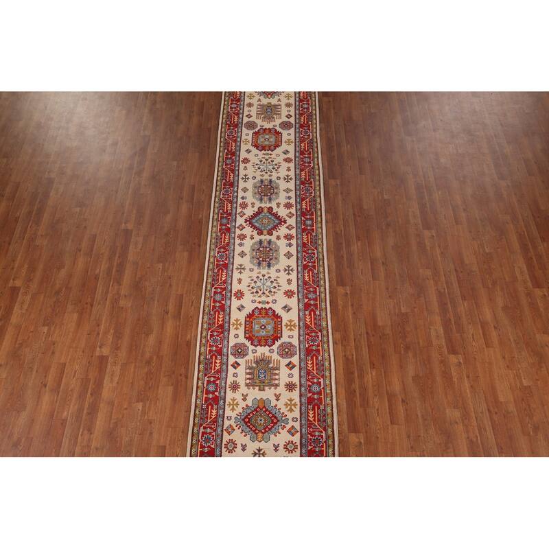 Geometric Beige Kazak Oriental Runner Rug Handmade Wool Carpet - 2'9" x 12'10"