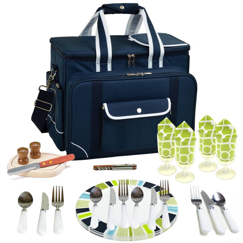 Picnic at Ascot- Ultimate Insulated Picnic Cooler with Service for 4 - Navy w/ Trellis Green - Blue/Trellis Green
