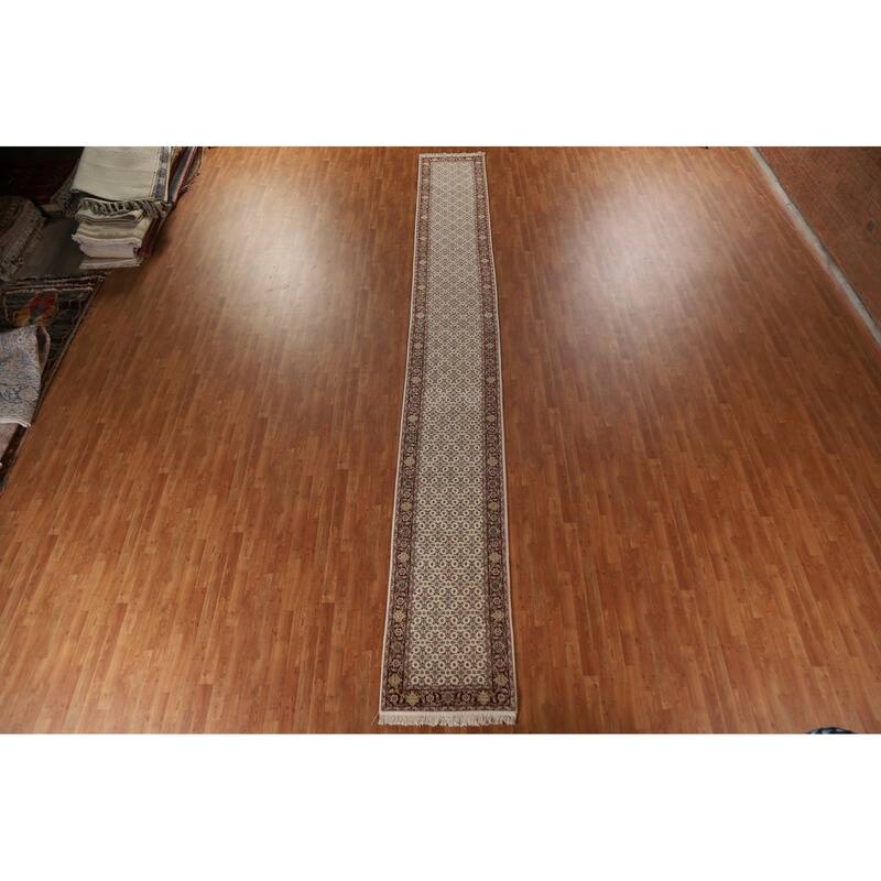 Hand Knotted Oriental 100% Wool Carpet Traditional Floral Beige & Ivories Tabriz Runner Rug - 20' 2'' X 2' 5''