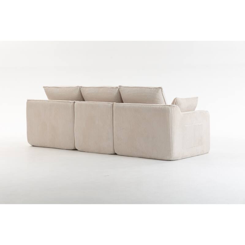 L Shaped Sectional Sofa Corduroy Upholstered Boneless Couches with Movable Footstool, With Three Pillows and Two Lumbar Pillows