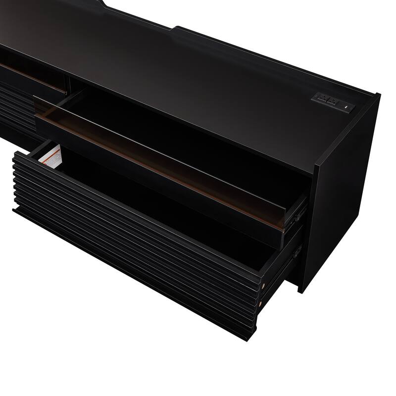 68.9" TV Stand with Glass Front Drawers and LED Charging Station