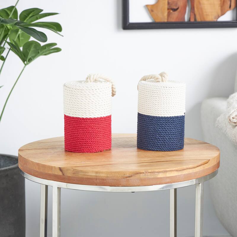 Cream Cotton Fabric Coiled Colorblock Buoy Sculpture with Red and Blue Bases (Set of 2) - Cream - 5"W, 7"H
