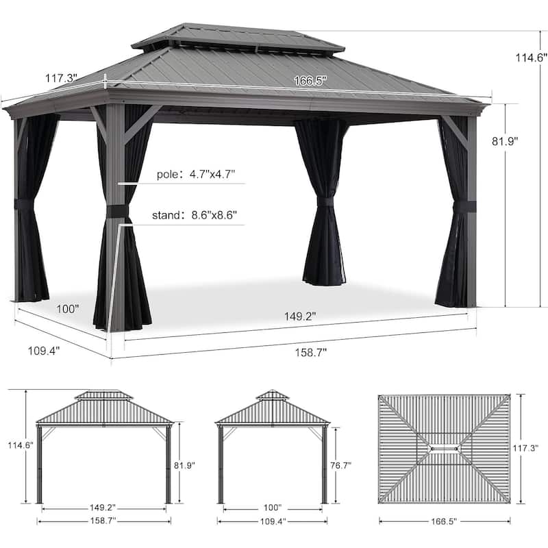 PURPLE LEAF Patio Gazebo for Backyard Hardtop Galvanized Steel Frame with Upgrade Curtain and Light - Light Grey