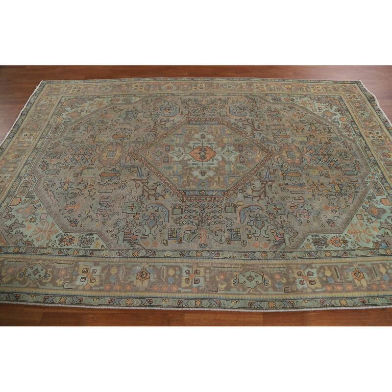Hand Knotted Oriental 100% Wool Carpet Traditional Medallion Greys & Charcoal Tabriz Area Rug - 9' 8'' X 6' 9''