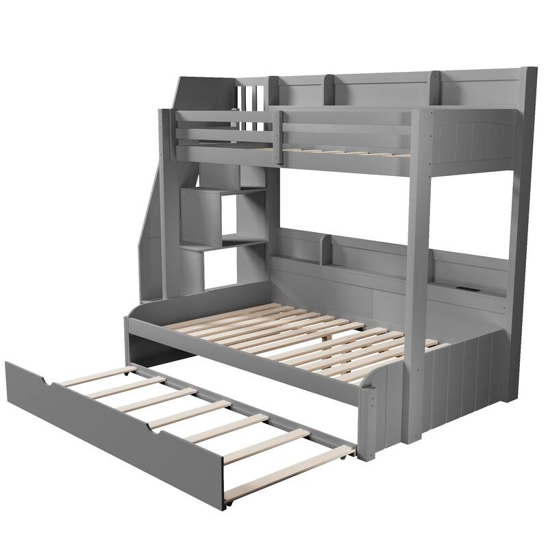 Roomfitters Twin Over Full Bunk Bed with Storage Staircase, Trundle, LED and USB