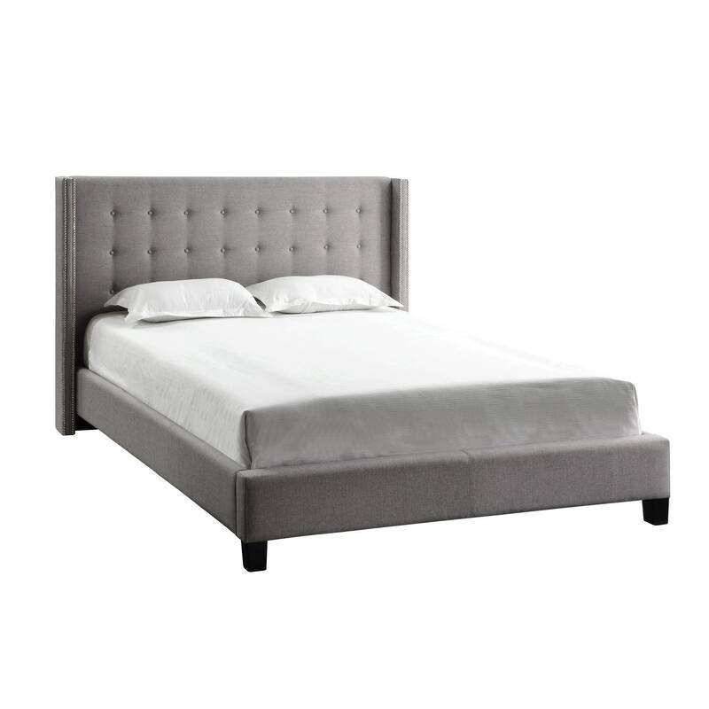 Marion Nailhead Wingback Tufted Upholstered Platform Bed by iNSPIRE Q Bold - Grey Linen - Queen