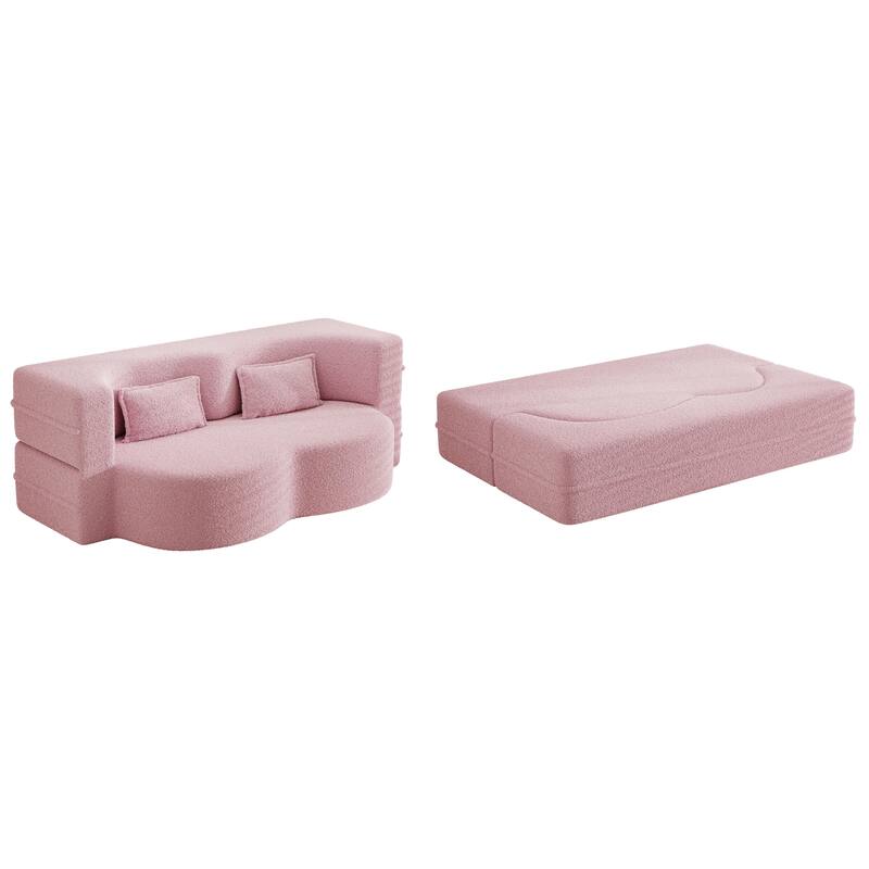Full-Size Convertible Sofa Bed, Teddy Fabric Sleeper Couch with Foam-Filled Support and 2 Free Pillows for Living Room