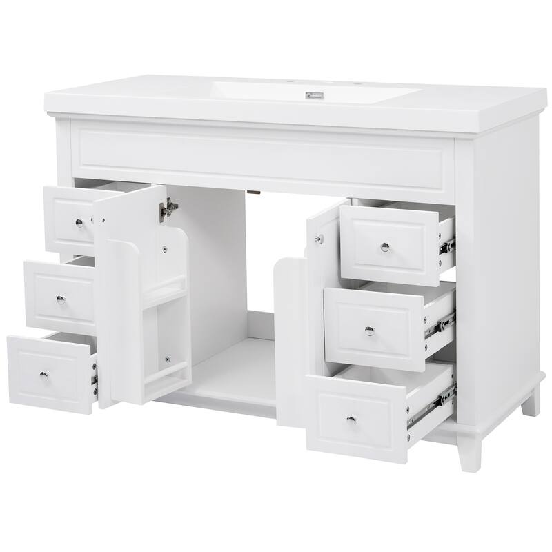 Roomfitters 48" Bathroom Vanity with Integrated Resin Sink, 6 Soft-Close Drawers and Double Doors with 2-Tier Shelving, White