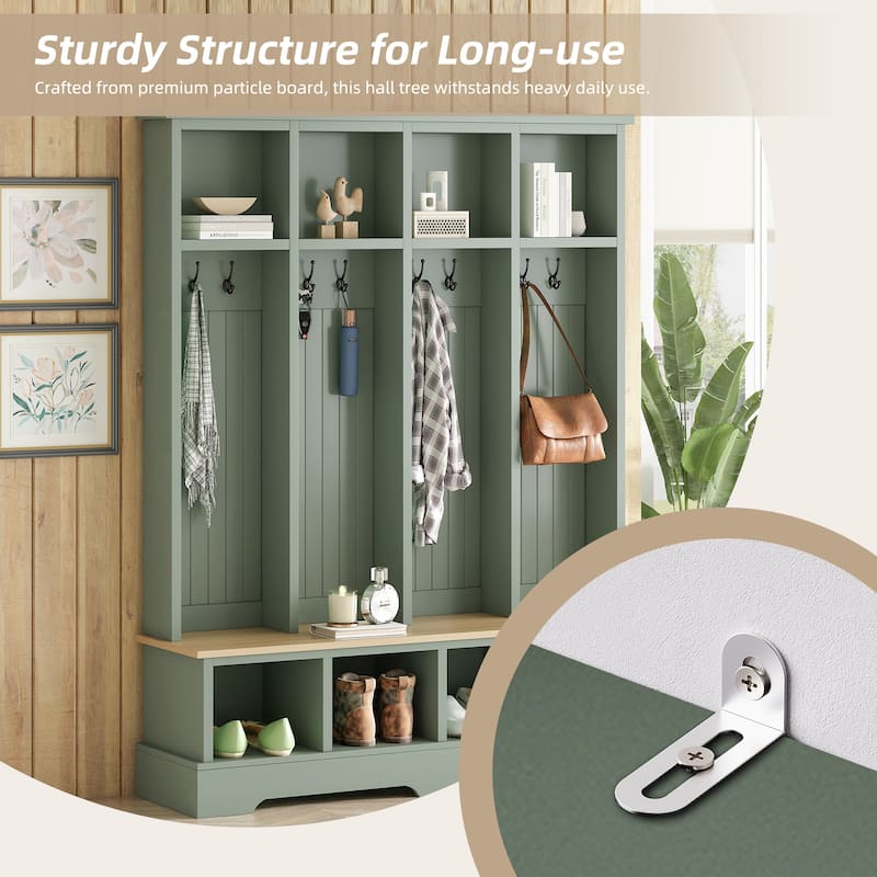 Farmhouse 59 in Hall Tree with 8 Hooks, Bench with Open Cubbies, 76.7 in H Entryway Coat & Shoe Organizer
