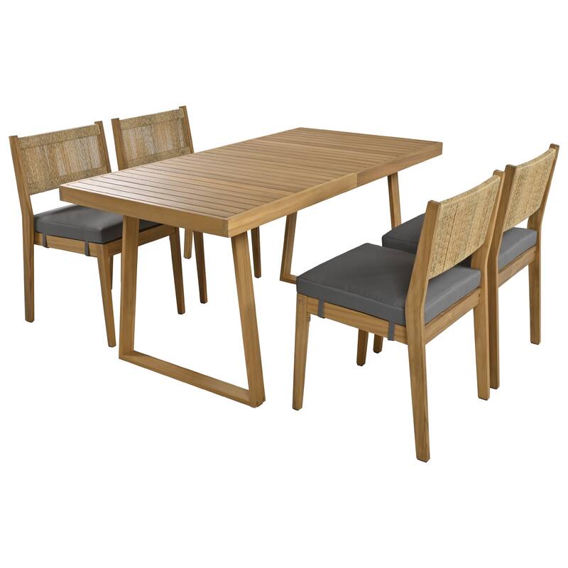 Acacia Wood Outdoor Dining Set for 4, 4 Armless Single Chairs with Cushions, Dining Table with Waterproof Desktop