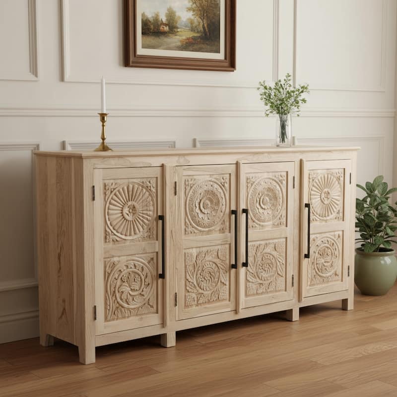 HomeRoots 74" Natural Distressed Solid Wood Carved Floral Sideboard with Four Doors - 74.00 in. x 38.00 in. x 18.00 in. - 74.00 in. x 38.00 in. x 18.00 in.