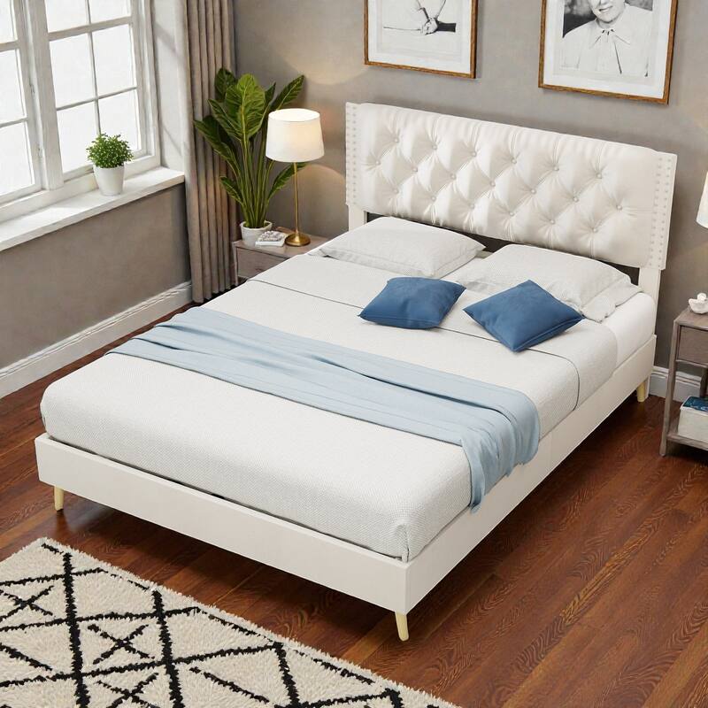 Suede Velvet Upholstered Bed Frame with Tufted Headboard, Soft Platform Bed for Master Bedroom
