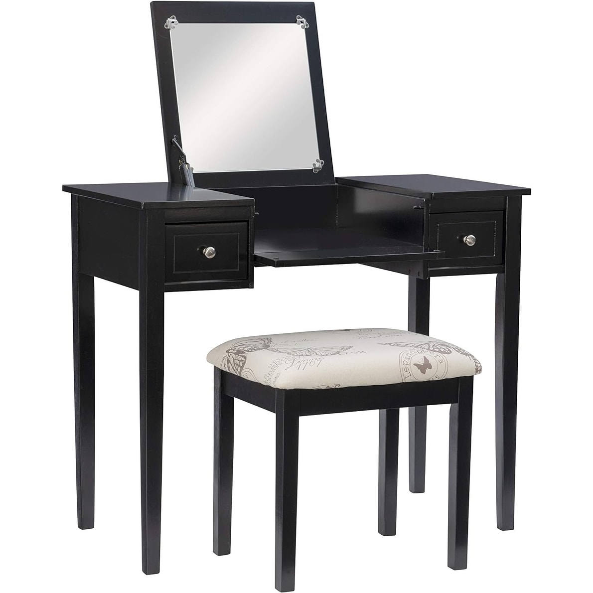 Black Butterfly Stool Vanity Set with Bench, Flip Top Mirror, Plush Stool, 36x18x30 Inches