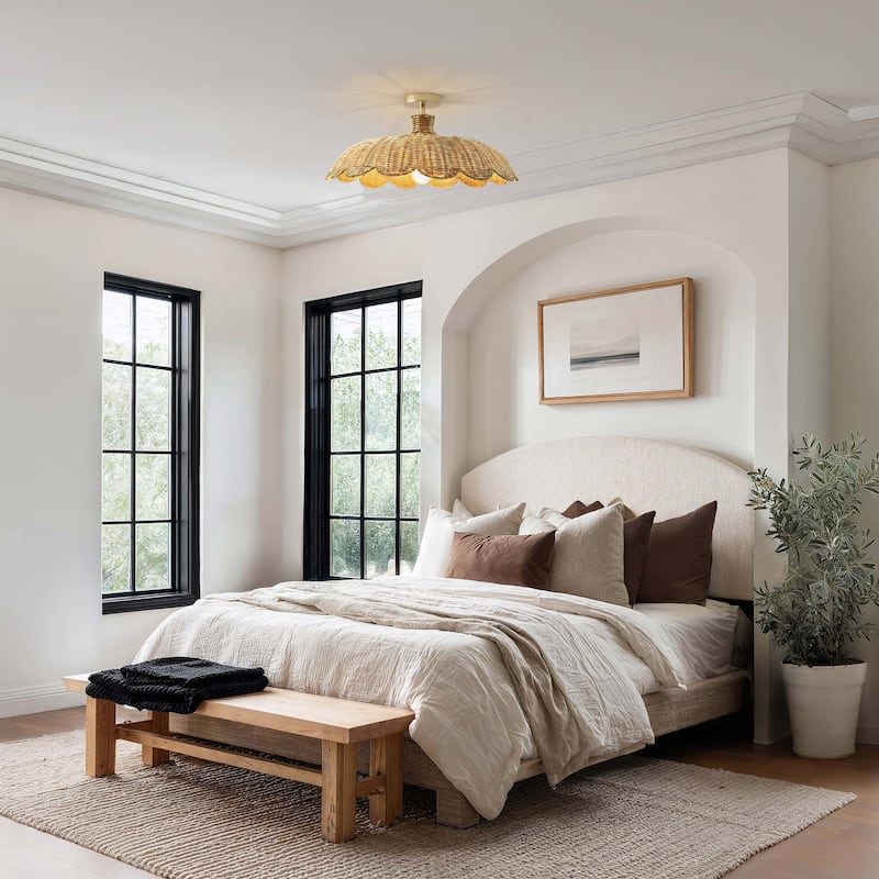 Aurelia Rattan Flush Mount - Rattan Natural 1-Light Handwoven Ceiling Light for Dining Room or Living Room in Modern, Boho Style