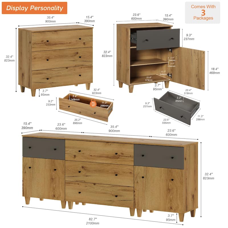 Wood Dresser with 5 Drawers and 2 Cabinets for Bedroom, 83" Wide