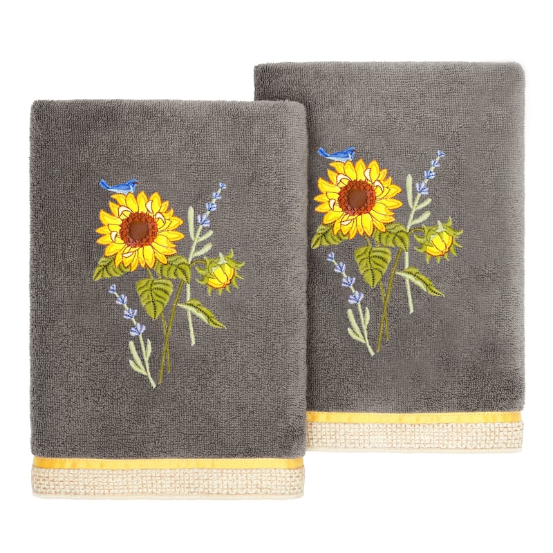 Authentic Hotel and Spa 100% Turkish Cotton Girasol 2PC Embellished Hand Towel Set - Charcoal