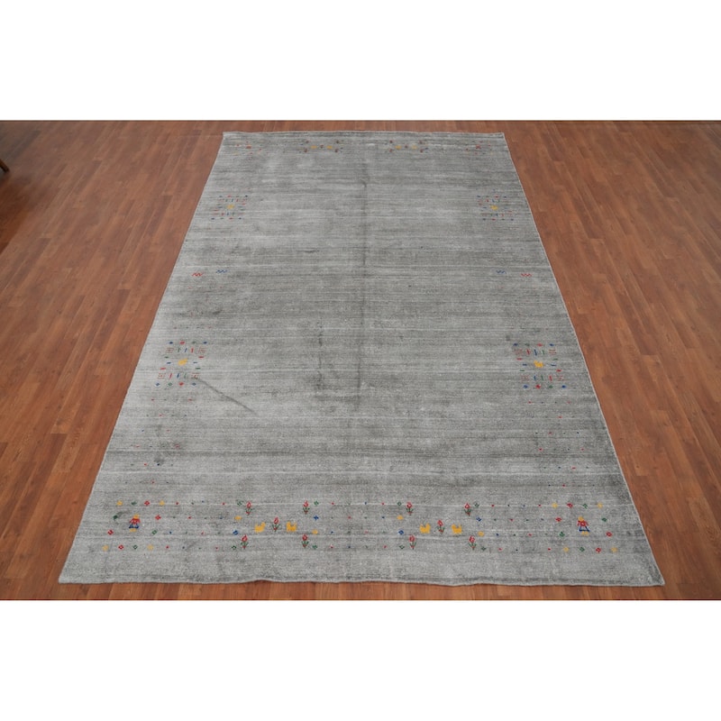 Hand Knotted Oriental Viscose Silk Carpet Tribal Animal Pictorial Greys & Charcoal Gabbeh Area Rug - 11' 8'' X 7' 4''