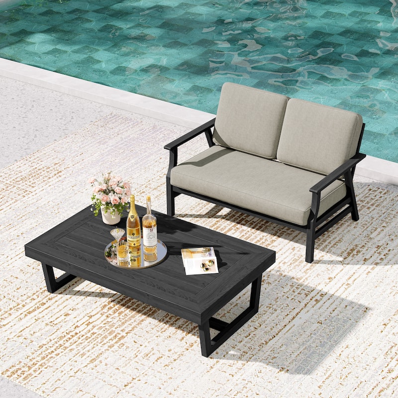 2-Piece Teak Outdoor Loveseat Set with Table. - Black Wood - Light Camel/coffee table