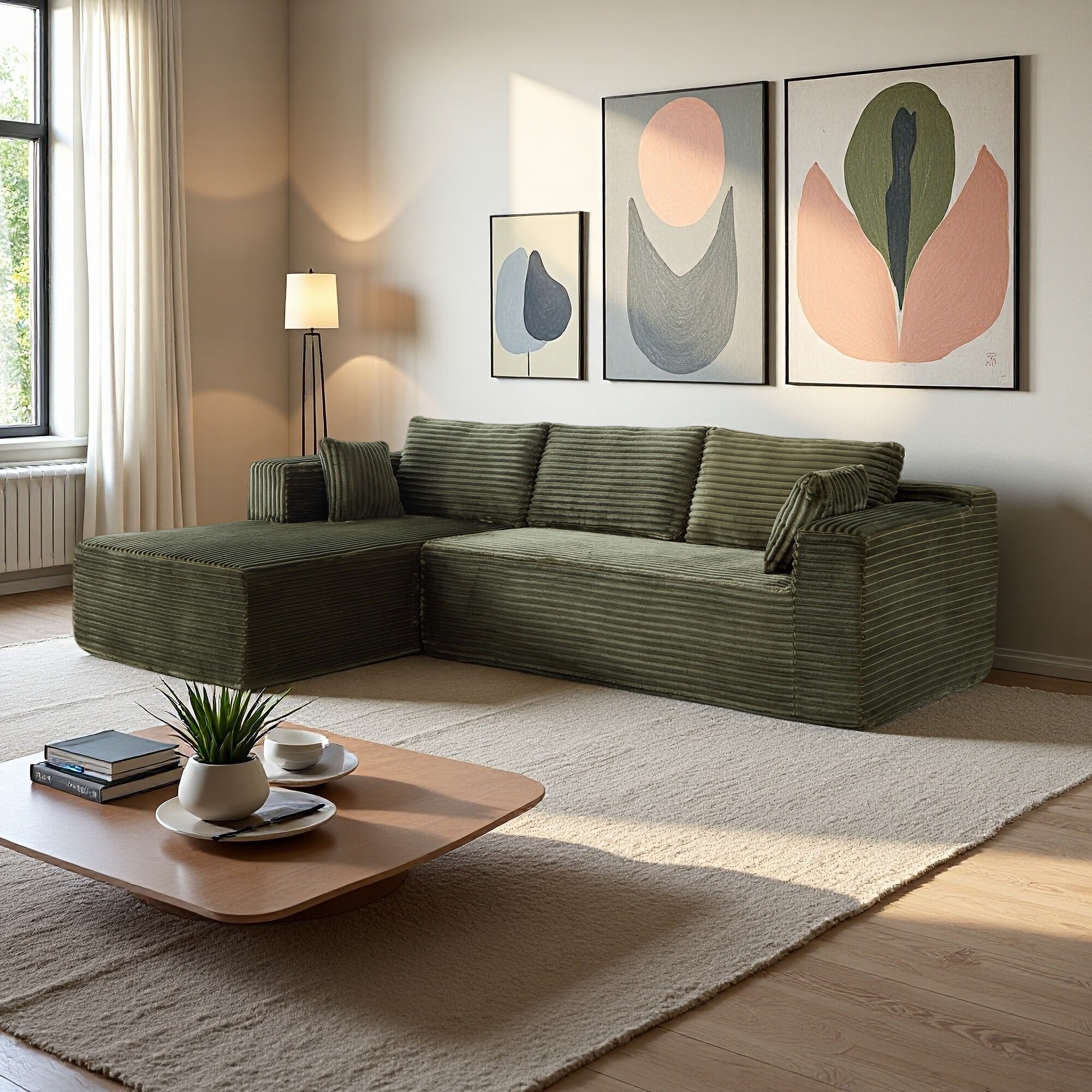 110" Corduroy L-Shaped Sectional Sofa with Chaise, No Assembly